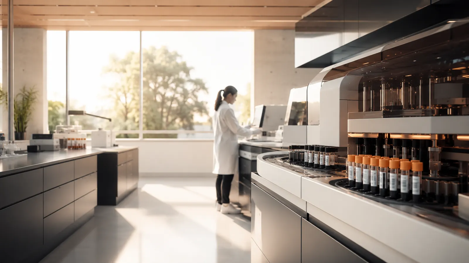 Laboratory technician operating automated specimen-processing equipment.