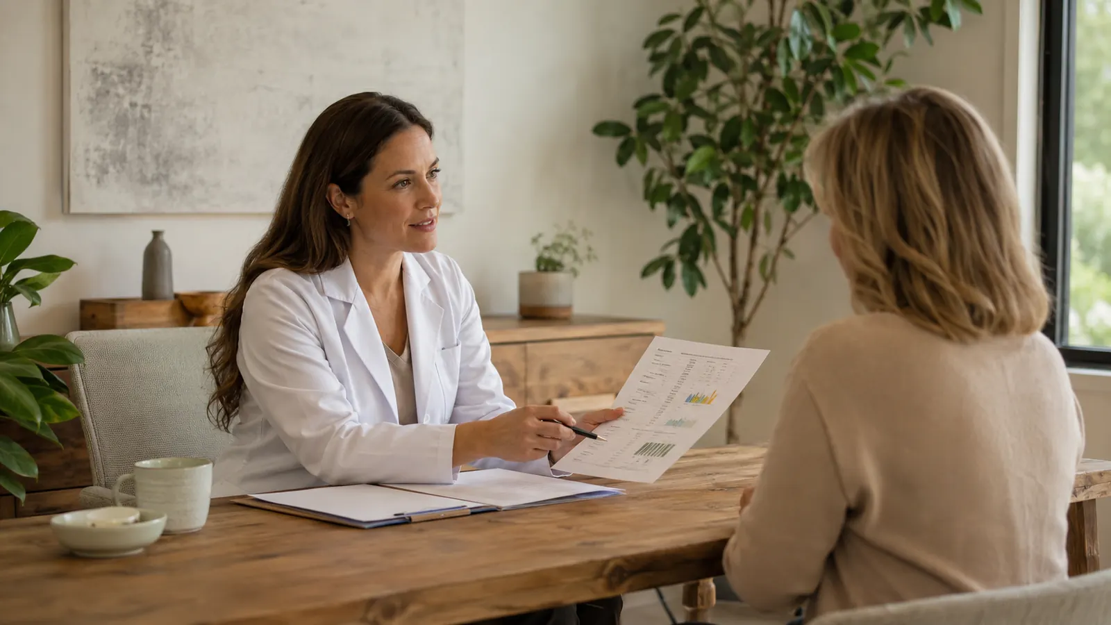 Naturopathic provider discussing laboratory results with a patient.