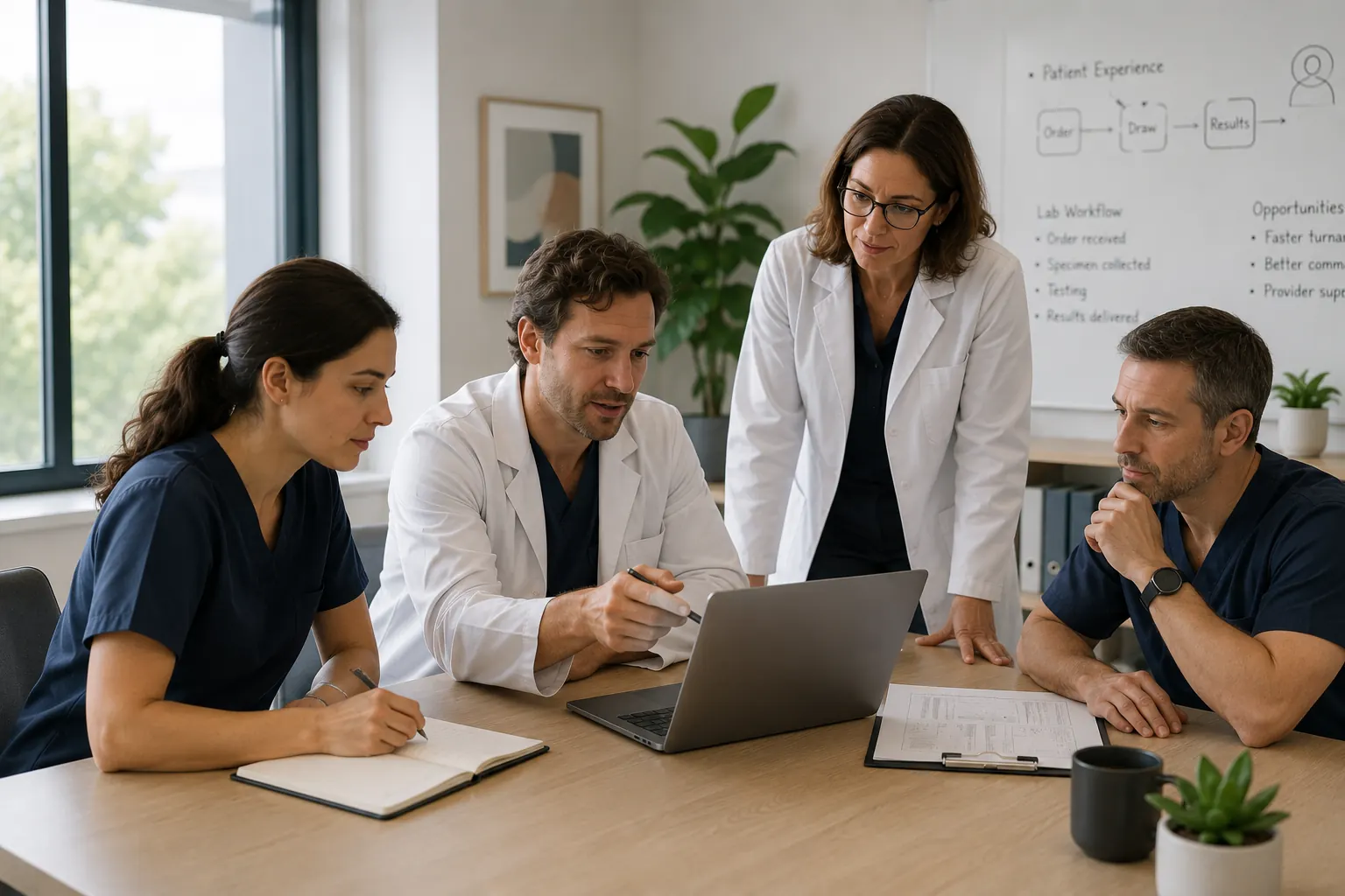 Clinic team reviewing a shared laboratory workflow.