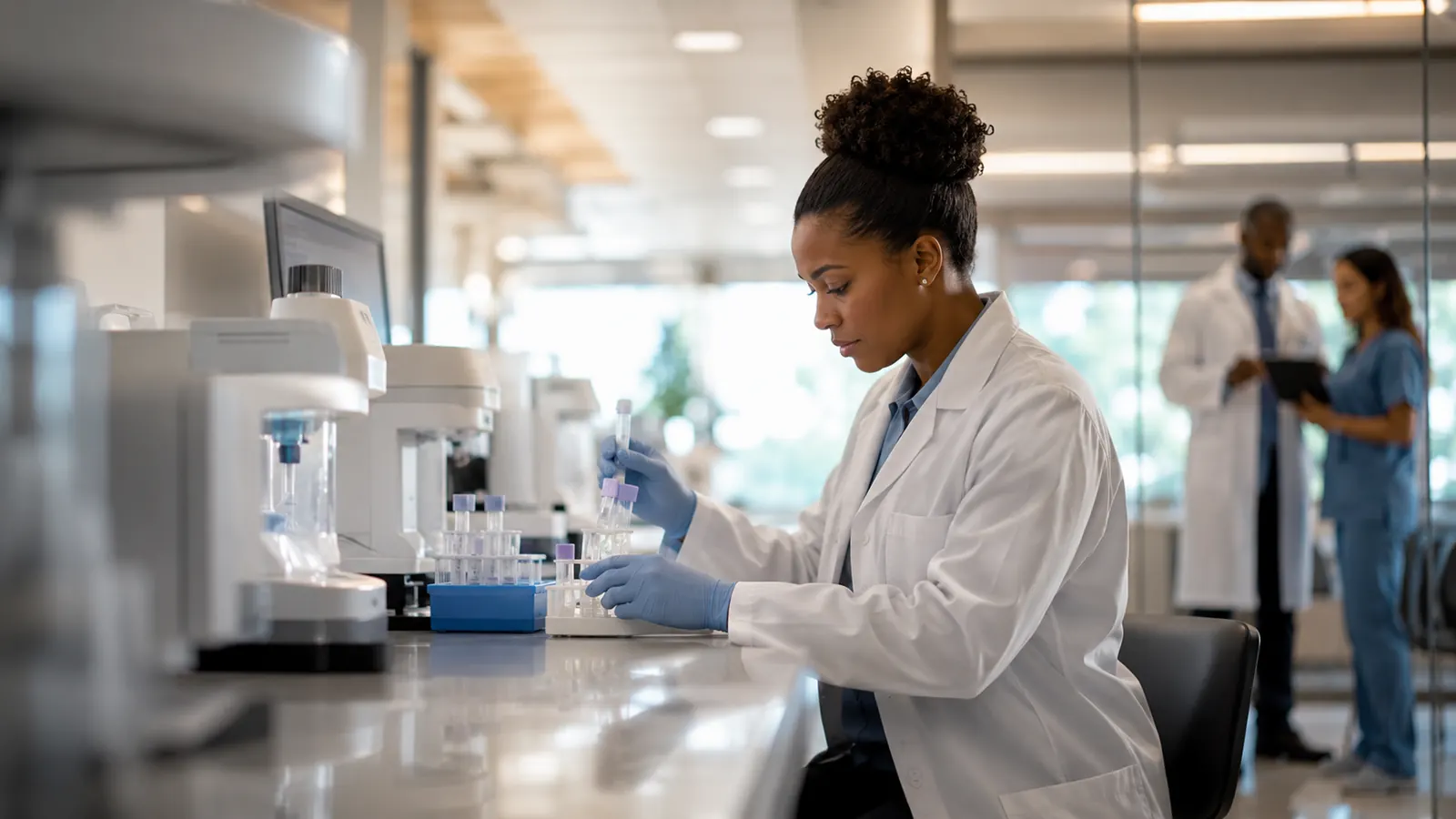 Laboratory professional preparing specimens in a modern clinical laboratory.
