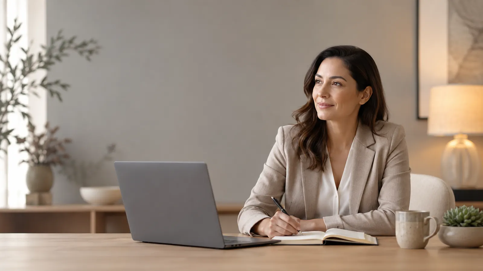 Healthcare professional preparing for a consultation at a laptop.